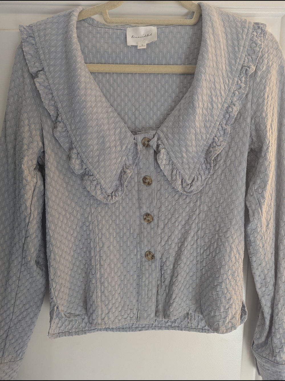 Line & Dot Light Blue/Grey Ruffled Collar Button-Up Blouse